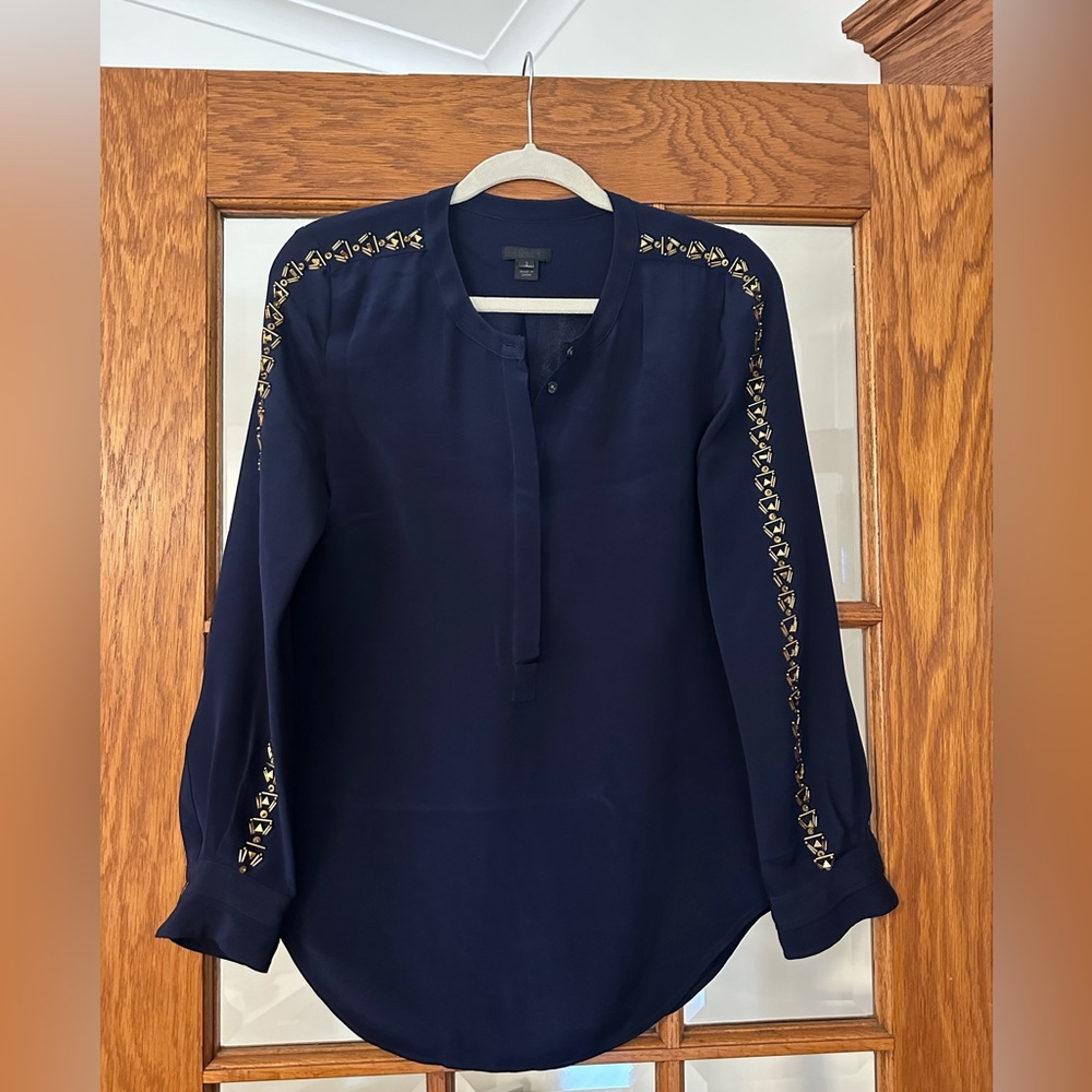 JCrew Collection Silk Navy Blouse with Golden Ornements size 2 US